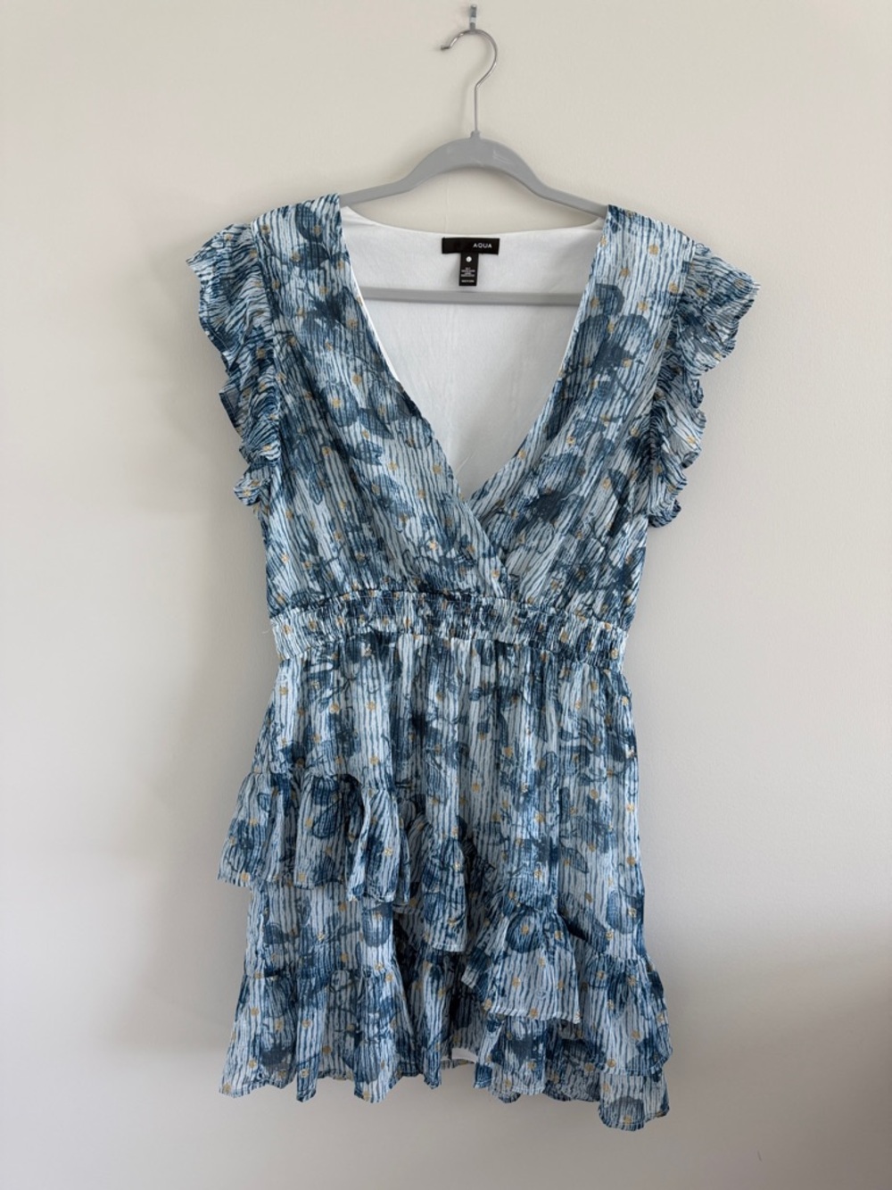 Aqua Blue Floral Ruffle V-Neck Mini Dress with Gold Accents